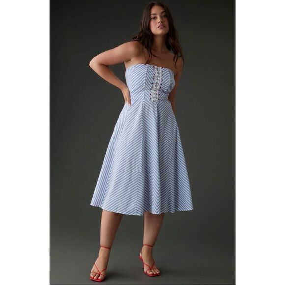 NEW Anthropologie Maeve Blue Chevron Striped Strapless A-Line Dress Medium - Picture 7 of 7